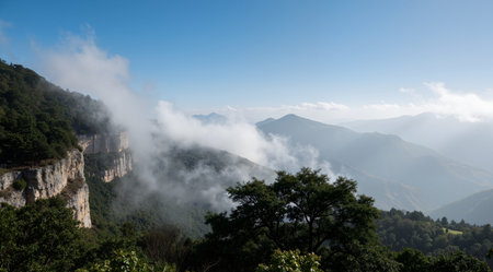 Mountain landscape with clouds and fog in the morning, Chiang Mai, Thailandの素材