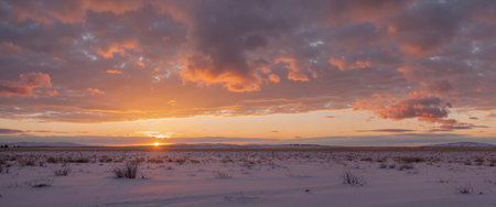 Sunset in the winter prairie, panoramic view.の素材