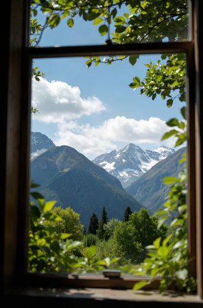View from the window to the mountains through the glass of the cottageの素材