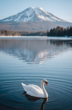 Beautiful white swan swimming on the lake with Mount Fuji in the backgroundの素材