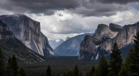 Yosemite National Park, California, USA. El Capitan and Half Domeの素材