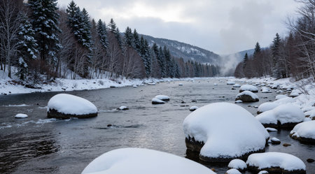 Winter landscape with a river in the Carpathian Mountains, Ukraineの素材