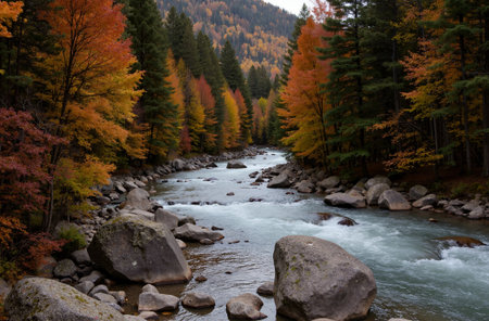 Mountain river in the autumn forest. Mountain river in the autumn forestの素材