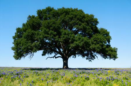 Old oak tree on a meadow with blue sky and wildflowersの素材