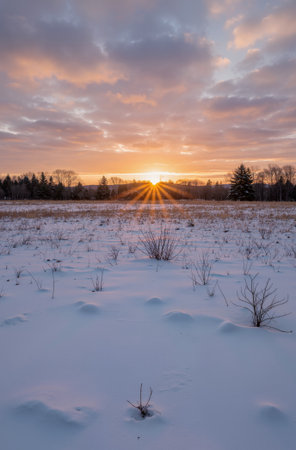 beautiful winter landscape with snow-covered field and trees at sunsetの素材