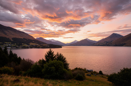 Beautiful sunset over Lake Wakatipu, Queenstown, New Zealandの素材