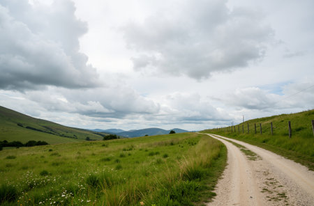 Dirt road in the mountains with cloudy sky and green meadowの素材
