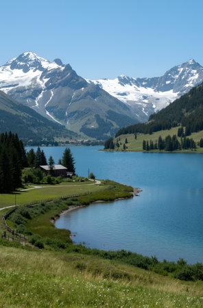 Mountain landscape in the Swiss Alps. View of the lake.の素材