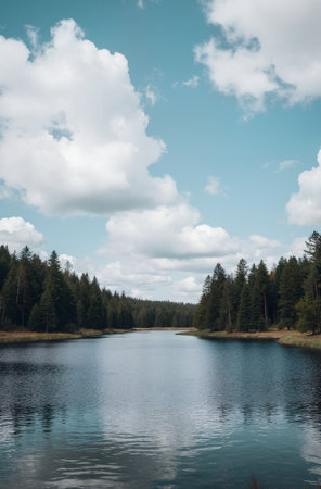 Landscape with a lake in the middle of a coniferous forestの素材