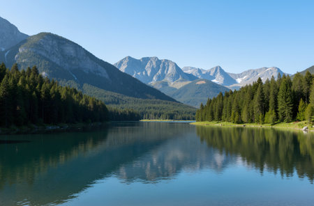 Lake in the mountains with blue sky and white clouds in summer.の素材