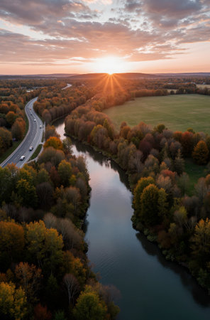 Aerial view of highway and forest at sunset. Beautiful autumn landscapeの素材