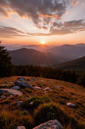 Beautiful sunset in the mountains. Carpathians, Ukraine, Europeの素材