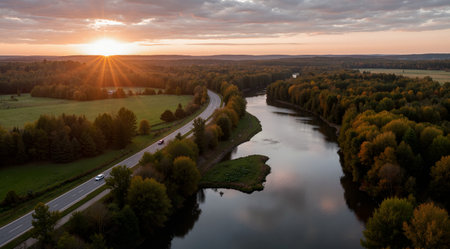 Aerial view of the river and forest at sunset. Drone photography.の素材