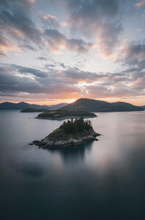 Aerial view of a small island in the sea at sunset.の素材