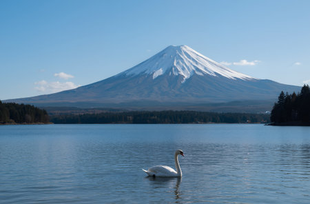 Mt Fuji and swan in Kawaguchiko lake, Japanの素材
