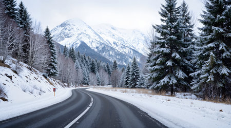 Winter road in the Carpathian mountains. Ukraine, Europe.の素材