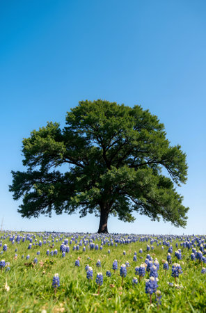 Single tree in a field of bluebonnets, Texas, USAの素材