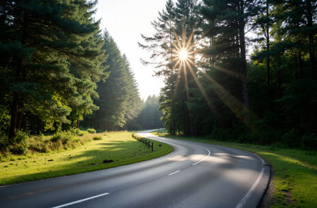 Asphalt road in the forest with sunbeams and lens flareの素材