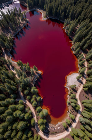 Aerial view of the red lake in the middle of the forestの素材