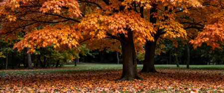 Maple tree in autumn park with fallen leaves, panoramic viewの素材