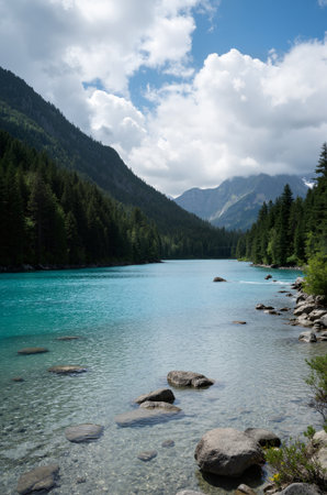 Landscape view of the turquoise waters of a mountain lakeの素材
