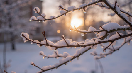 Snow covered tree branches on a background of the setting sun in winterの素材