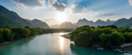 Panorama of the Li river at sunset, Guilin, Chinaの素材