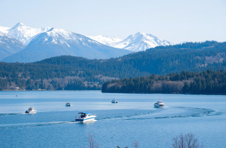 Boats on Lake Tahoe in winter, California, USA.の素材