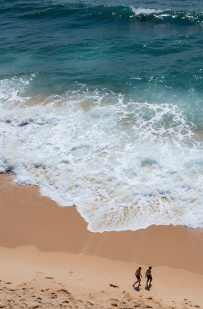 Aerial view of beautiful sandy beach with turquoise ocean water on sunny dayの素材