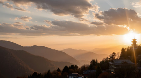 Sunset in the mountains. Panoramic view of the sun rising over the mountains.の素材