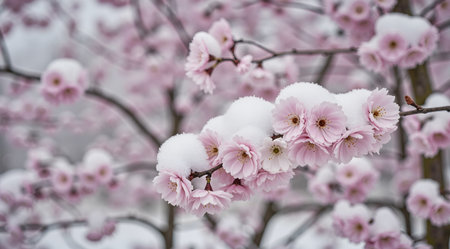 Beautiful pink flowers of Japanese cherry blossoms in the snow.の素材
