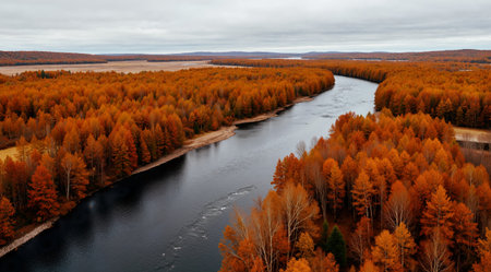 Aerial view of autumn forest and river. Colorful trees in autumn forestの素材