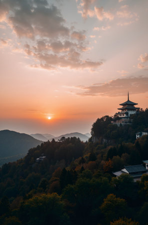 Sunrise at the top of the mountain with the Chinese pagoda.の素材