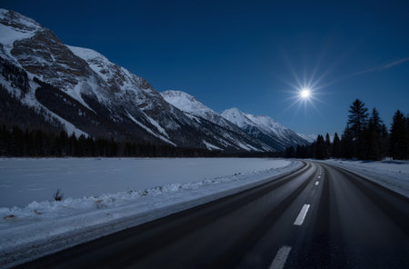 Mountain road in the Canadian Rockies on a winter evening with blue skyの素材