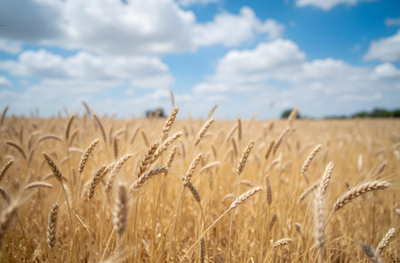 Wheat field. Ears of golden wheat close-up. Beautiful summer landscape.の素材