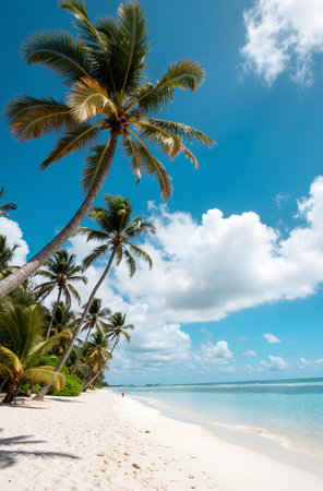 Beautiful tropical beach with coconut palm trees, blue sky and white sandの素材