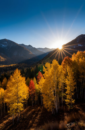 Colorful autumn alpine landscape with bright yellow aspens in mountains.の素材