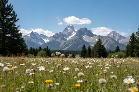 Mountain meadow with flowers and snowcapped peaks in the backgroundの素材