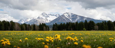 Panoramic view of a meadow with dandelions and snow capped mountains in the backgroundの素材