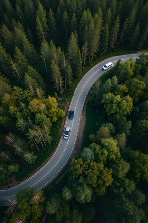 drone image. aerial view of rural road in forest with carsの素材