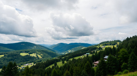 Panoramic view of the Carpathian mountains, Ukraine.の素材
