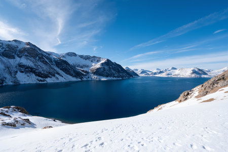 Snowy mountains and blue lake in Cordillera Blanca, Peruの素材