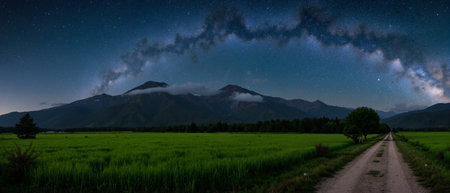 Milky Way over the rice field at night with mountain in the backgroundの素材