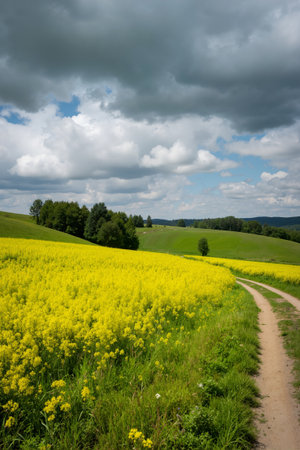 Rapeseed field in the Czech Republic. Summer landscape with a roadの素材