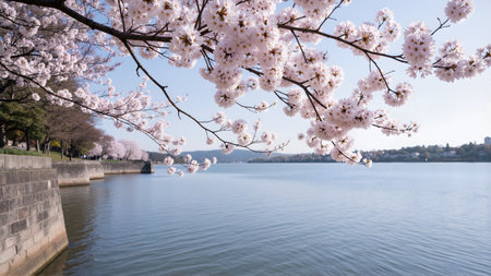 Cherry blossoms in full bloom on the banks of the lakeの素材