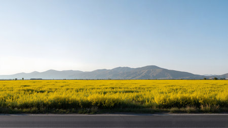 Beautiful yellow field of colza with blue sky and mountains in backgroundの素材