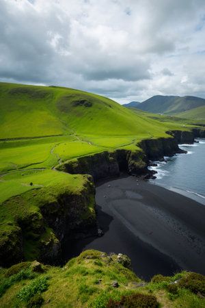 Landscape of black sand beach in County Kerry, Ireland, Europeの素材