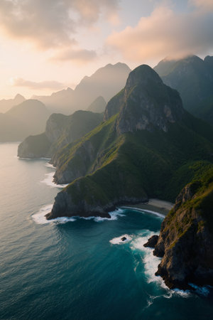 Aerial view of the sea and mountains at sunset, Rio de Janeiro, Brazilの素材