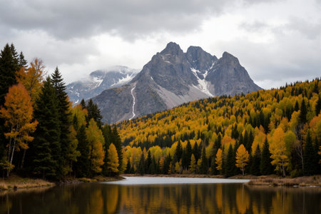 Autumn alpine landscape with lake and mountains in the background.の素材