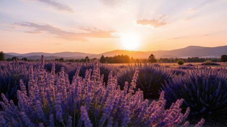 Sunset over lavender field in Provence, France.の素材